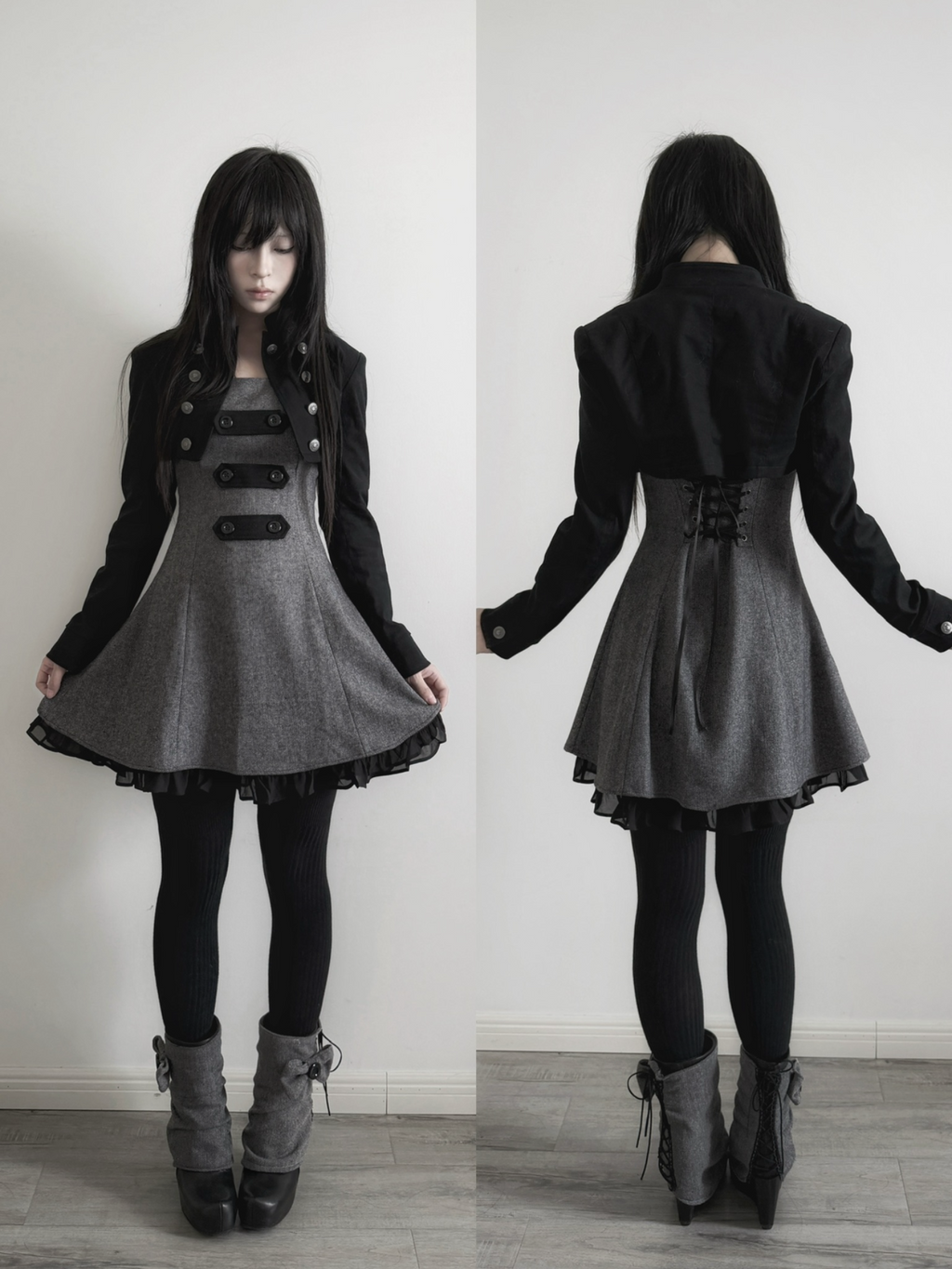 Stand-Collar Double-Breasted Twill Cropped Jacket – Black Dark Aesthetic