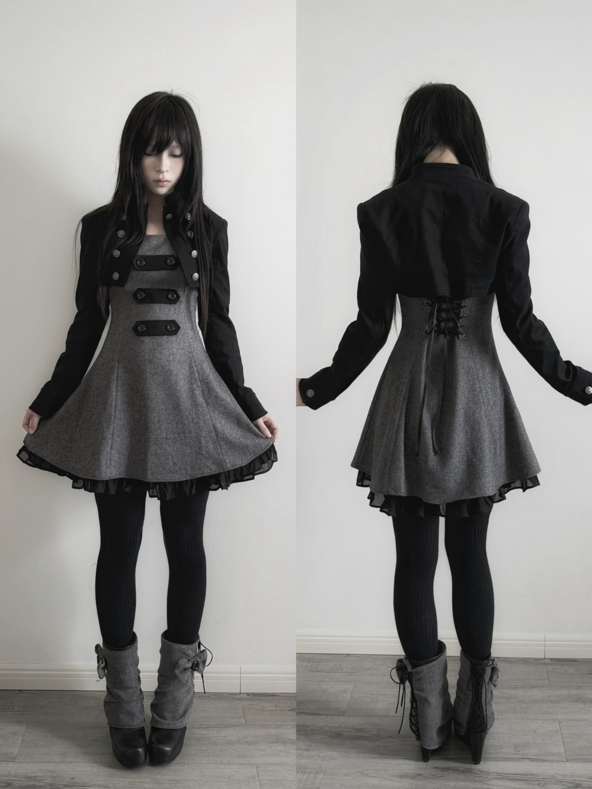 Stand-Collar Double-Breasted Twill Cropped Jacket – Black Dark Aesthetic