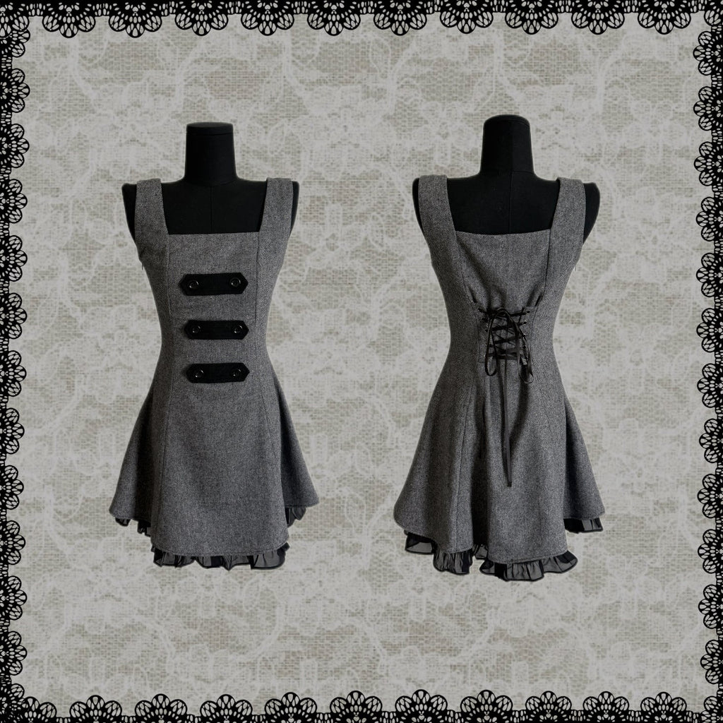 Limited-Run Retro Herringbone Long Pinafore Dress – Wool Blend with Strap Loops & Double-Breasted Buttons