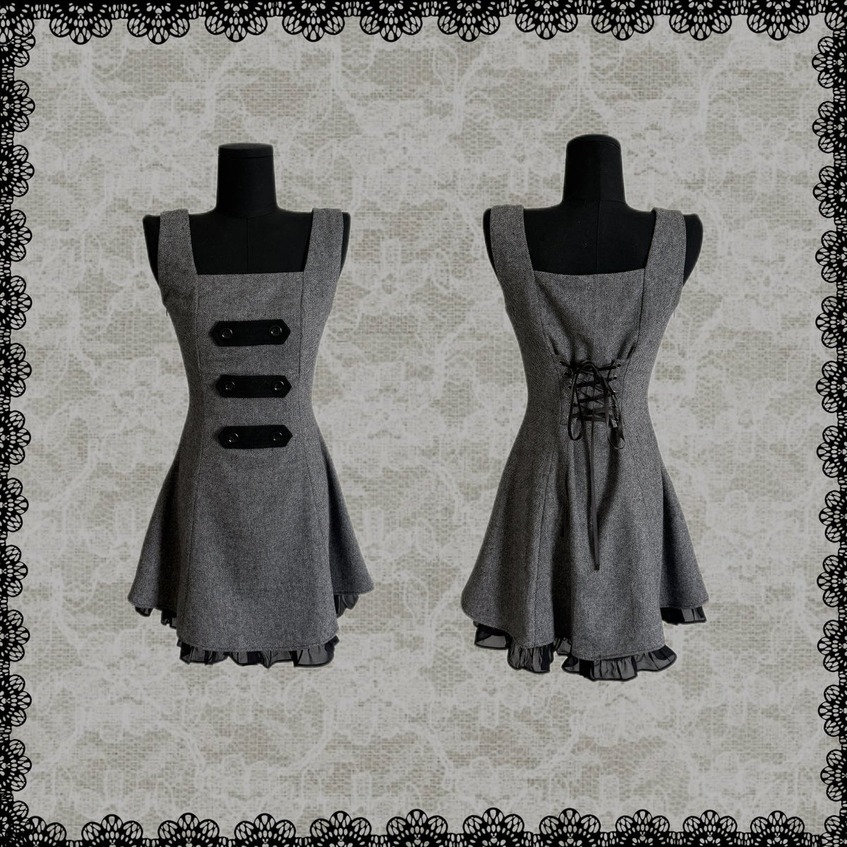 Limited-Run Retro Herringbone Long Pinafore Dress – Wool Blend with Strap Loops & Double-Breasted Buttons