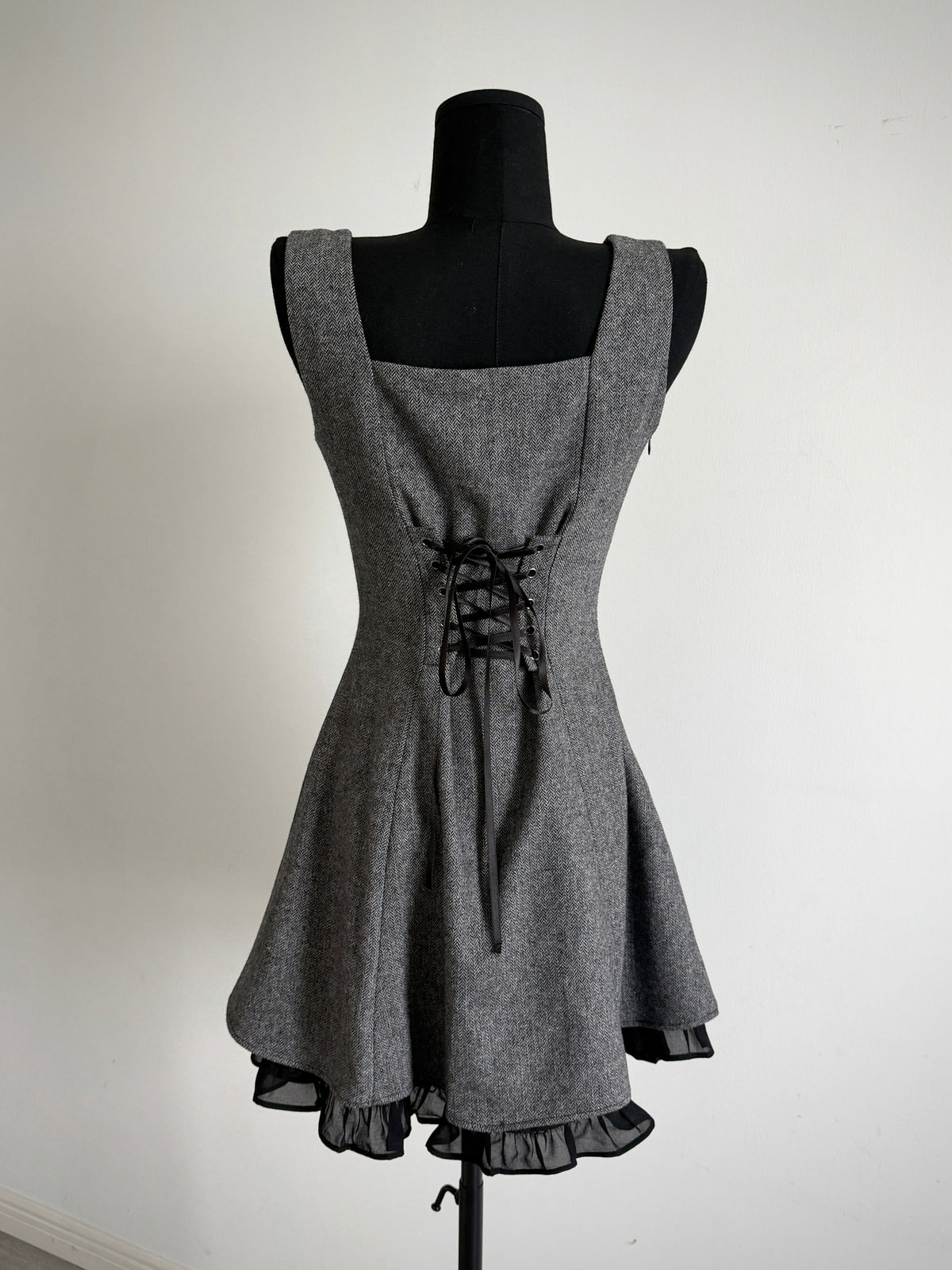 Limited-Run Retro Herringbone Long Pinafore Dress – Wool Blend with Strap Loops & Double-Breasted Buttons