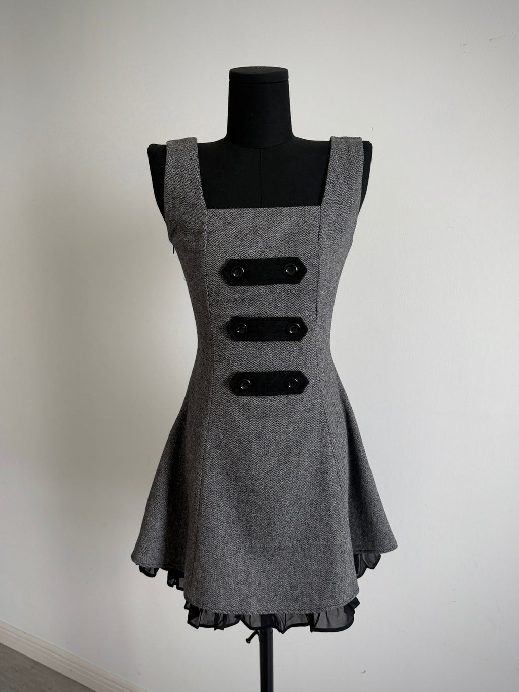 Limited-Run Retro Herringbone Long Pinafore Dress – Wool Blend with Strap Loops & Double-Breasted Buttons