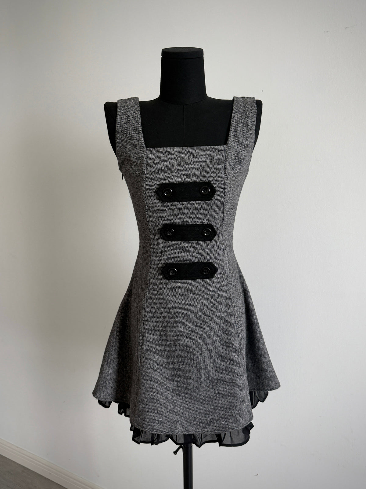 Limited-Run Retro Herringbone Long Pinafore Dress – Wool Blend with Strap Loops & Double-Breasted Buttons