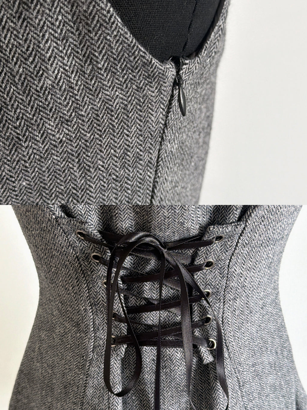 Limited-Run Retro Herringbone Long Pinafore Dress – Wool Blend with Strap Loops & Double-Breasted Buttons