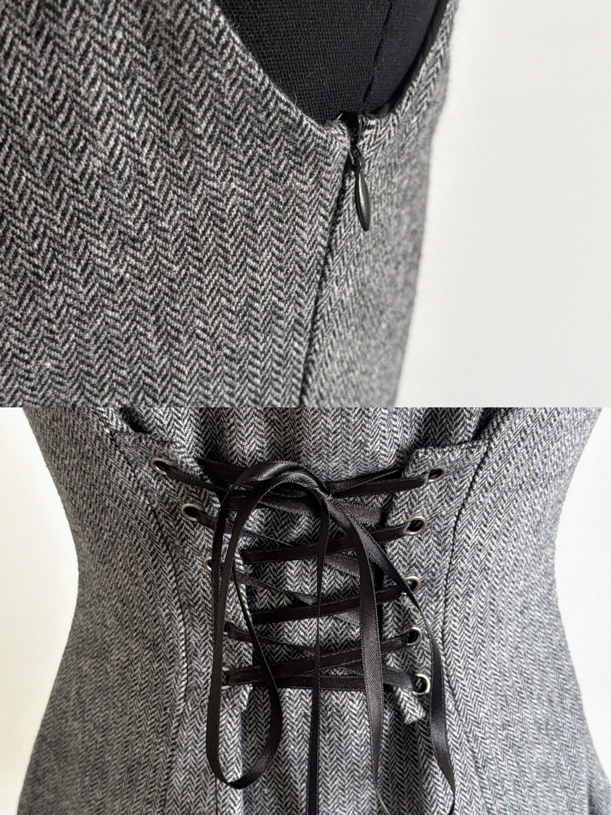 Limited-Run Retro Herringbone Long Pinafore Dress – Wool Blend with Strap Loops & Double-Breasted Buttons