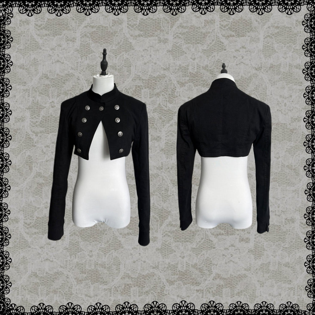 Stand-Collar Double-Breasted Twill Cropped Jacket – Black Dark Aesthetic