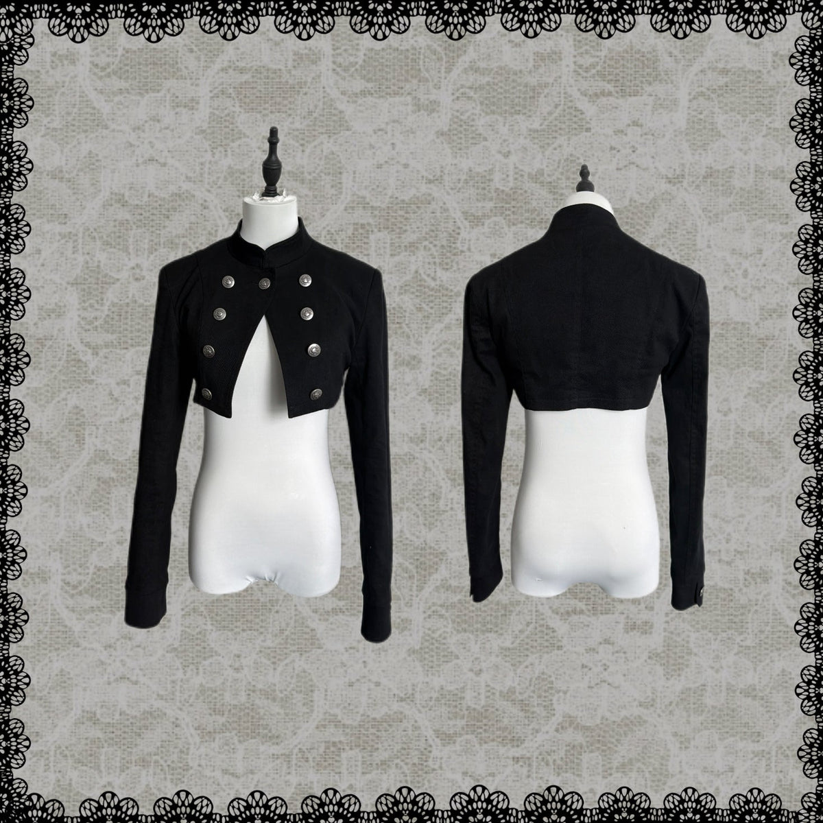 Stand-Collar Double-Breasted Twill Cropped Jacket – Black Dark Aesthetic