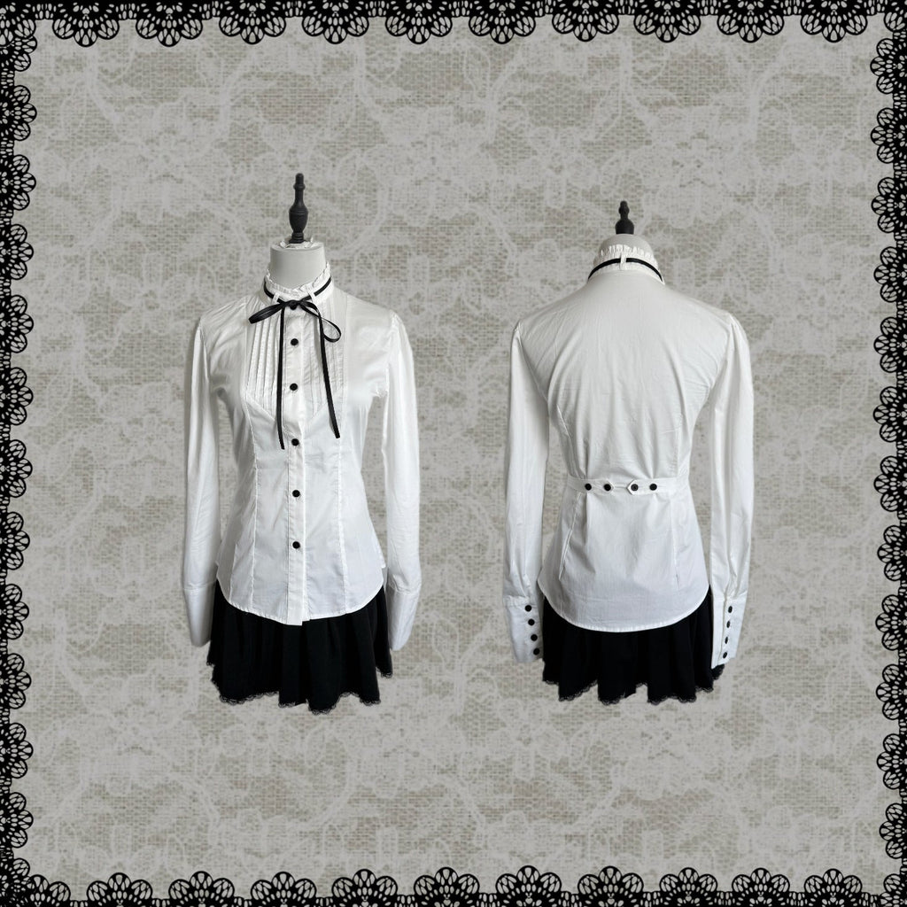 Accordion-Pleated Tie Stand-Collar Cotton Blouse with Fitted Waist
