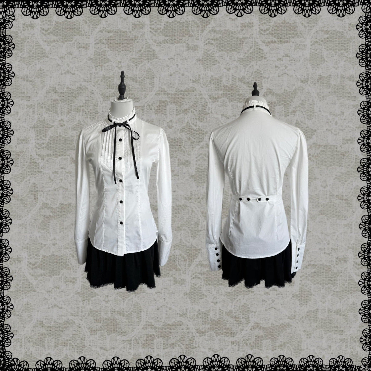 Accordion-Pleated Tie Stand-Collar Cotton Blouse with Fitted Waist