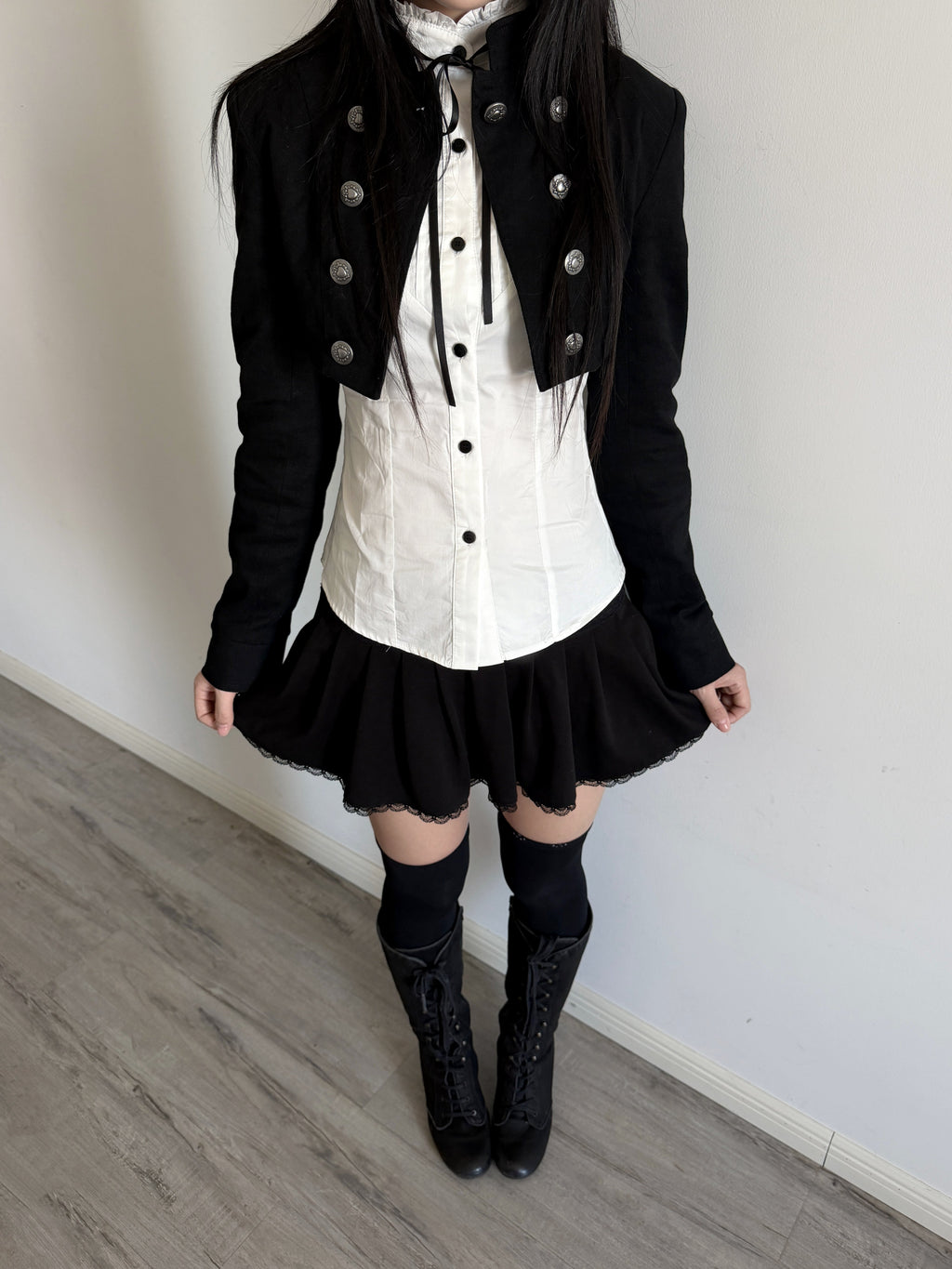 Stand-Collar Double-Breasted Twill Cropped Jacket – Black Dark Aesthetic