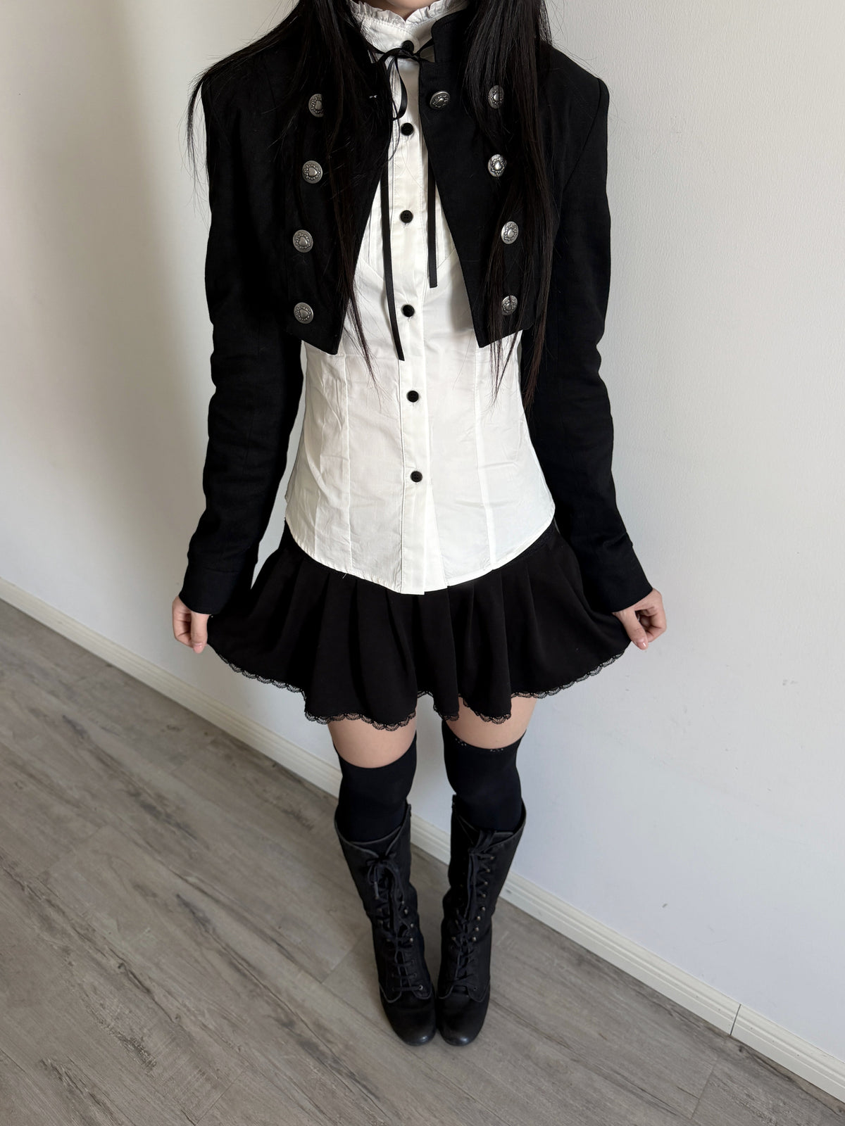 Stand-Collar Double-Breasted Twill Cropped Jacket – Black Dark Aesthetic