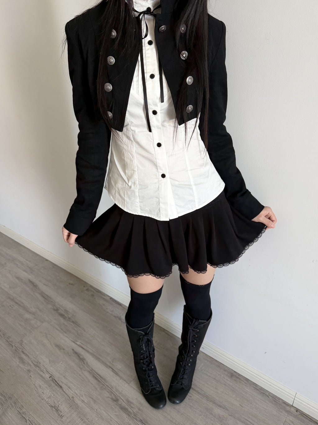 Stand-Collar Double-Breasted Twill Cropped Jacket – Black Dark Aesthetic