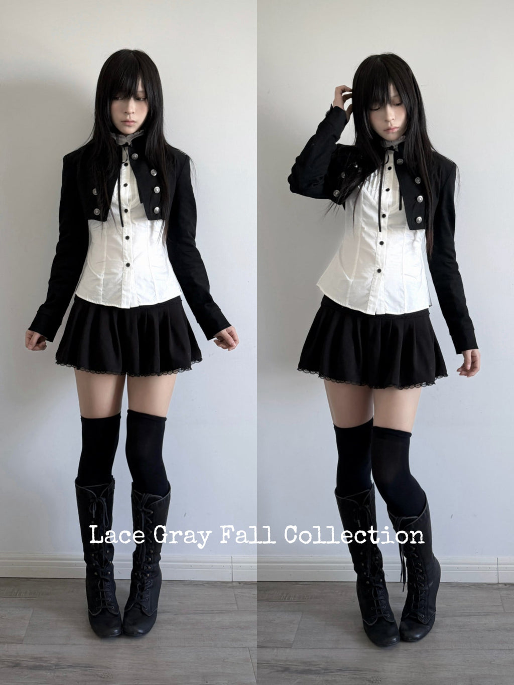 Stand-Collar Double-Breasted Twill Cropped Jacket – Black Dark Aesthetic