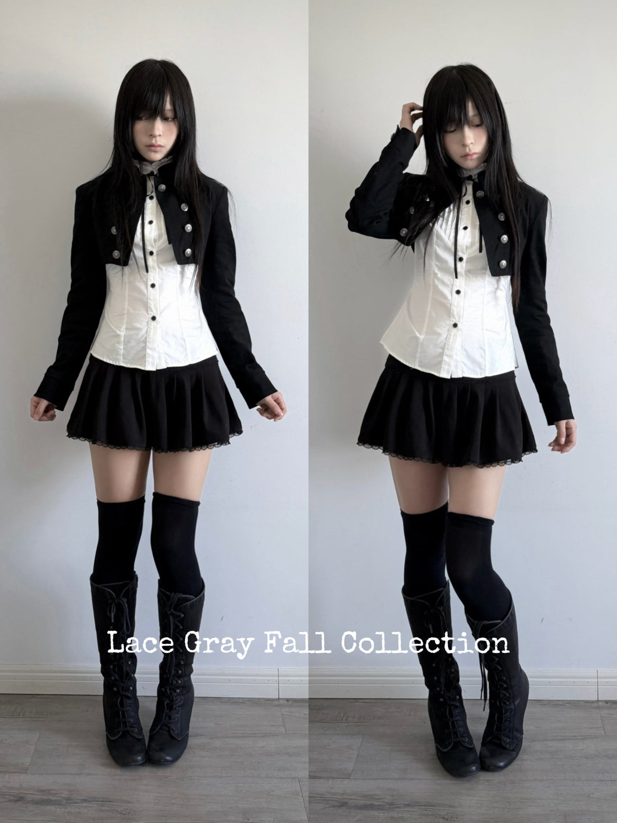 Stand-Collar Double-Breasted Twill Cropped Jacket – Black Dark Aesthetic