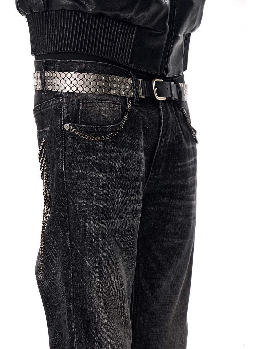 Chain pocket flare denim close-up