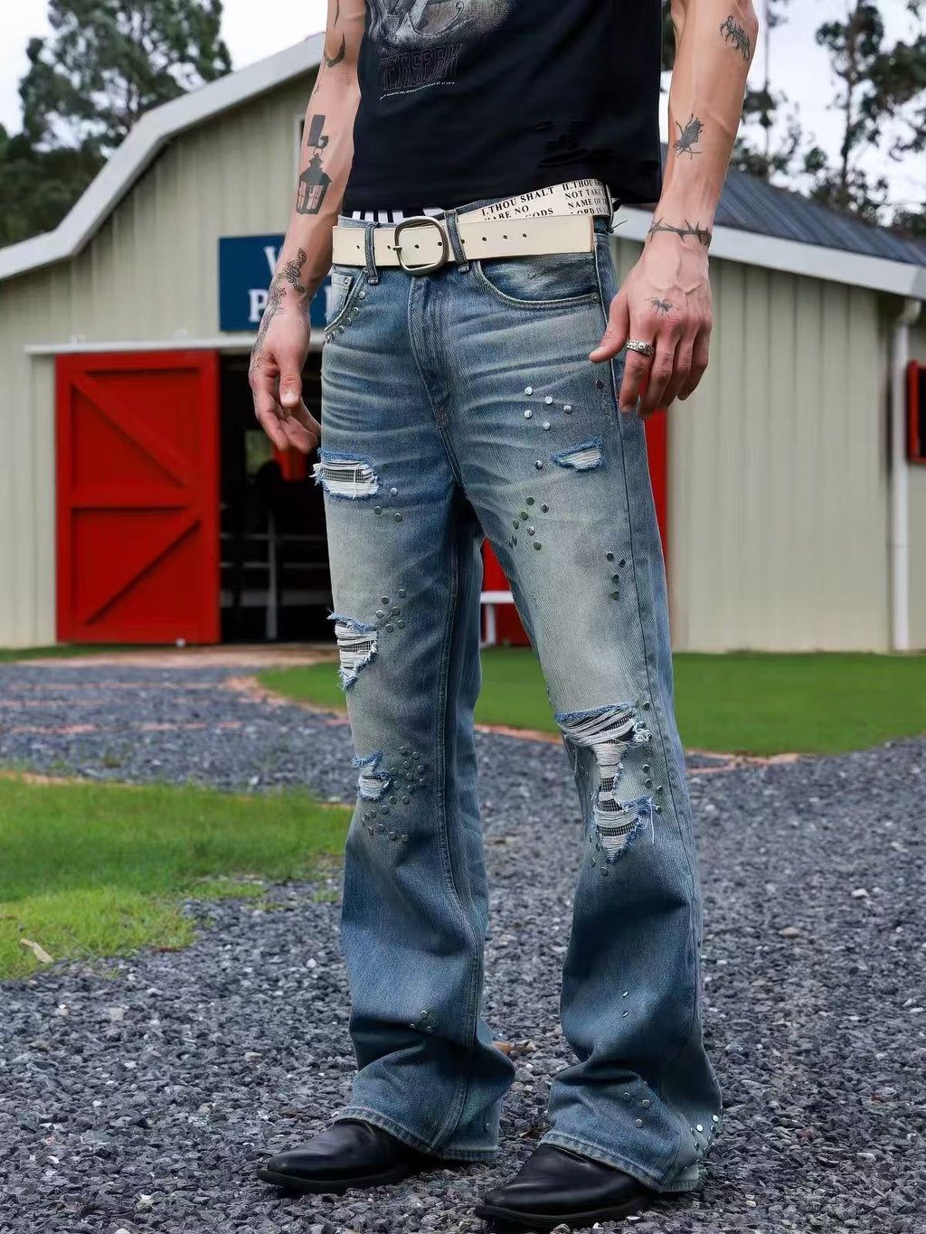 Houndstooth 646 Flare Jeans — Distressed Patches, 3D Whiskering & Studs