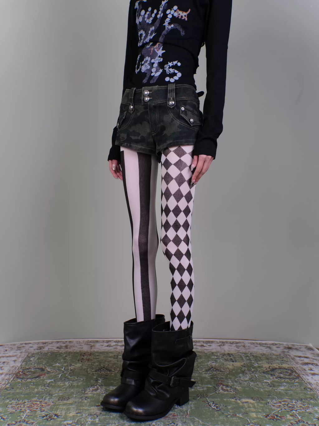 Harlequin Diamond & Vertical Stripe Mismatched Tights - Black & White Gothic AB Style