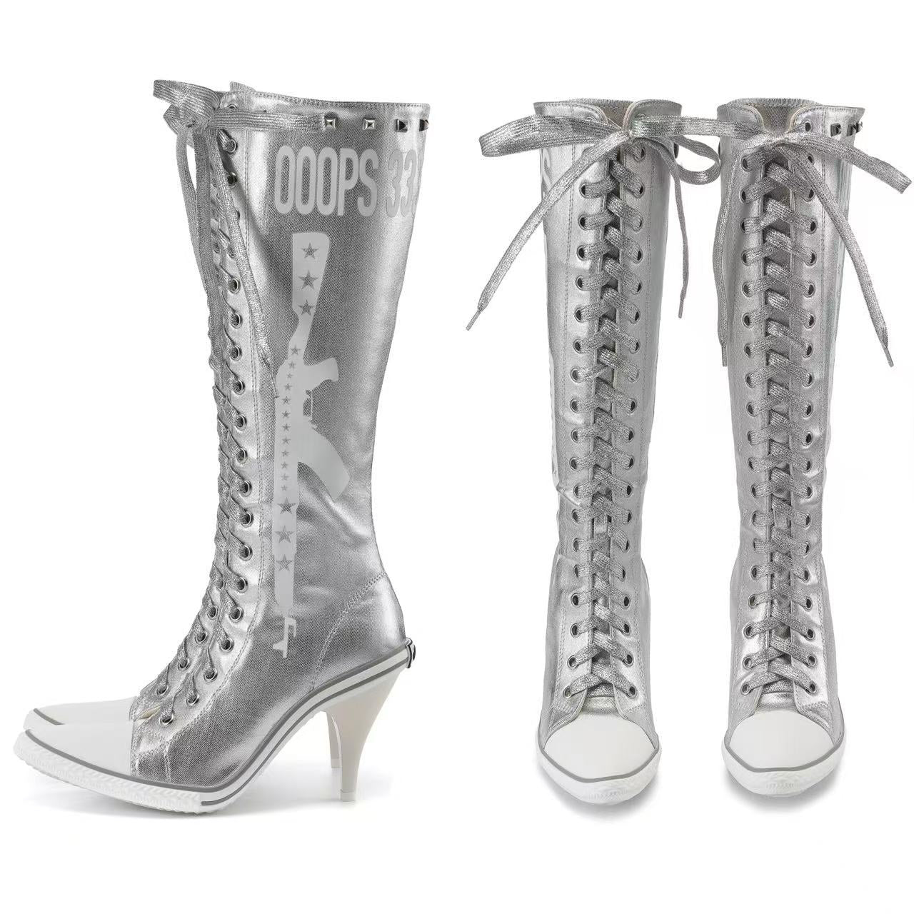Ooops333 Y2K Studded Glitter Canvas High Top Heels | Metallic Lace-Up Platform Boots
