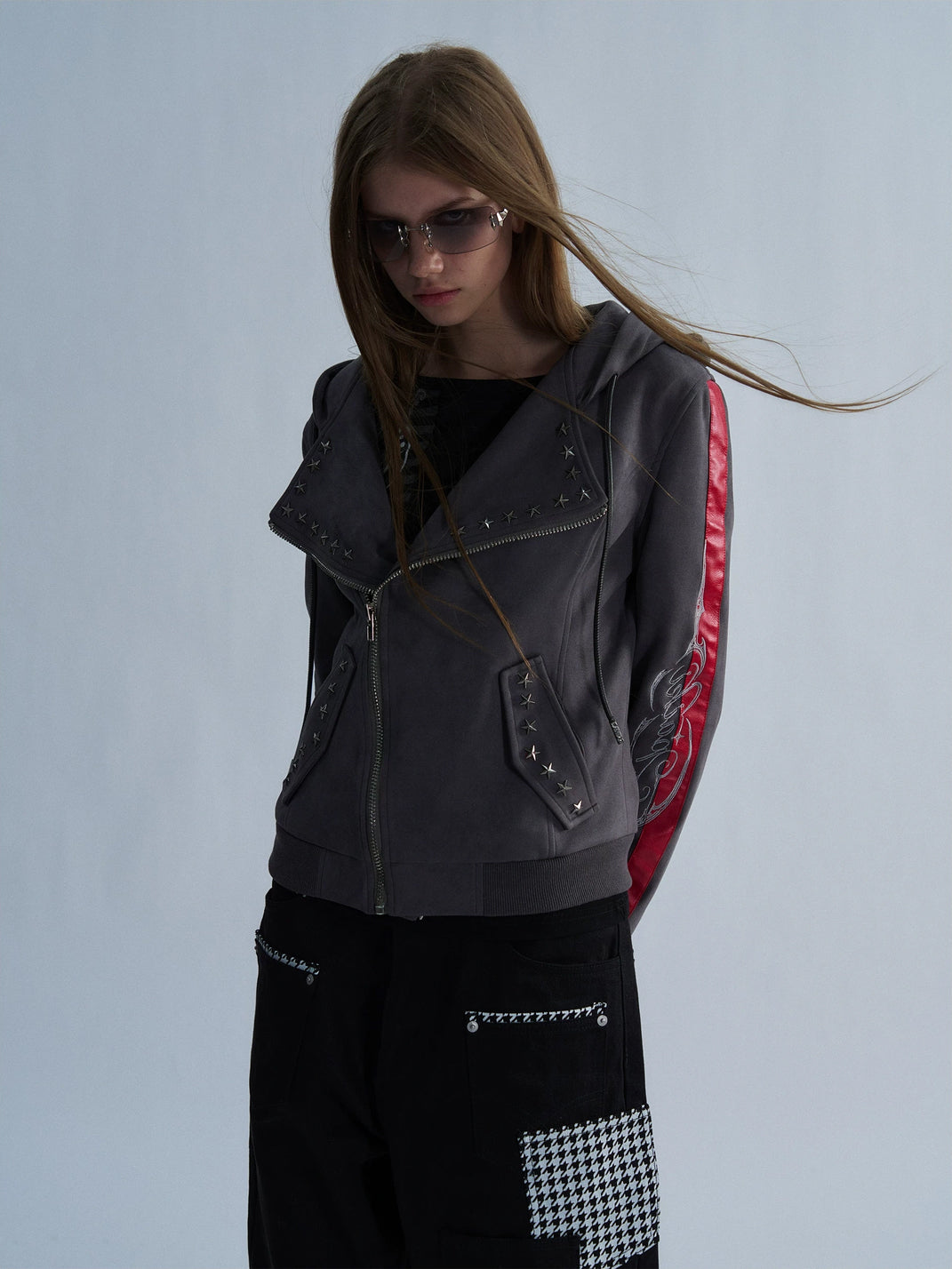 PAIKI Studded Hooded Slim Fit Biker Jacket