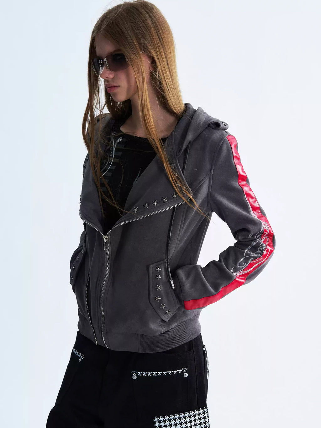 PAIKI Studded Hooded Slim Fit Biker Jacket