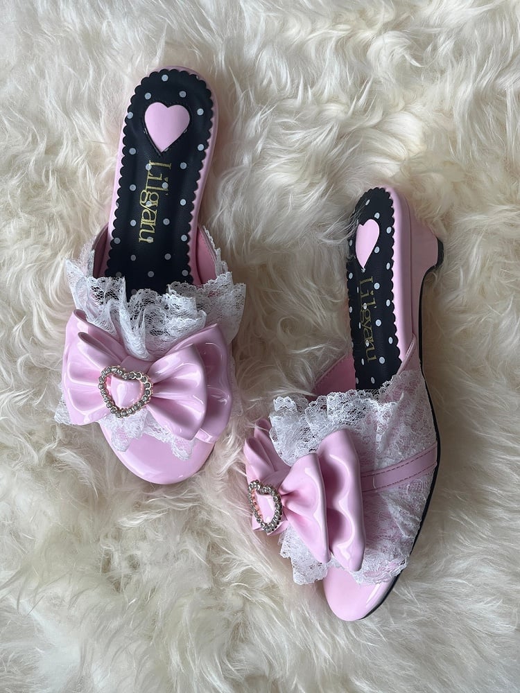 Pink Gyaru Slingback Sandals – 4cm Heel with Bowknot, Lace Trim & Detachable Heart Buckle