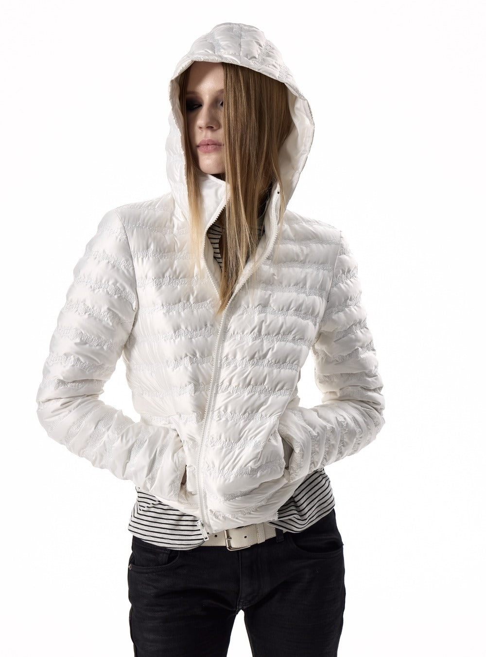 Wave quilted fitted hooded padded jacket