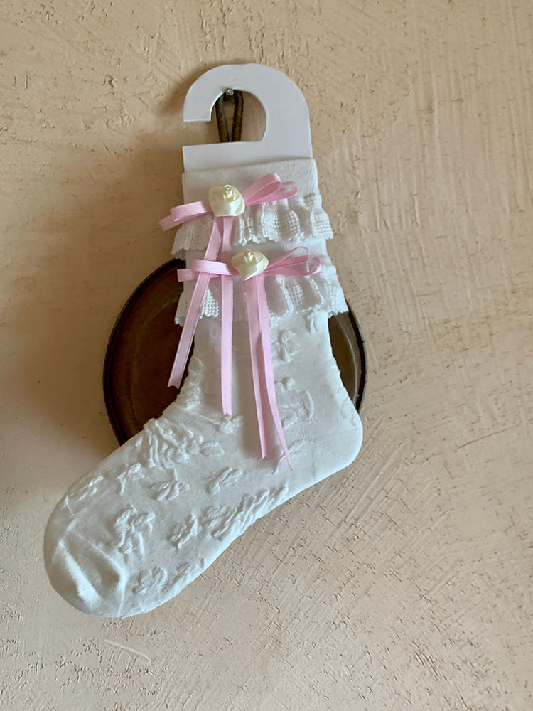 White/Black Lace Trim Calf Socks with Camellia Bow