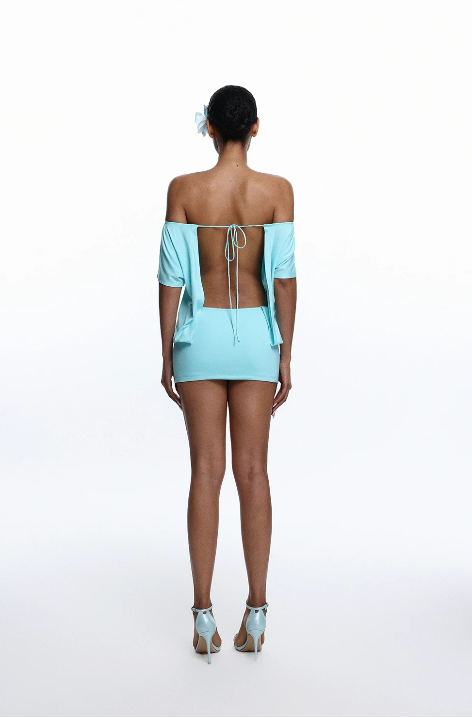 Teal Off-Shoulder Backless Dress