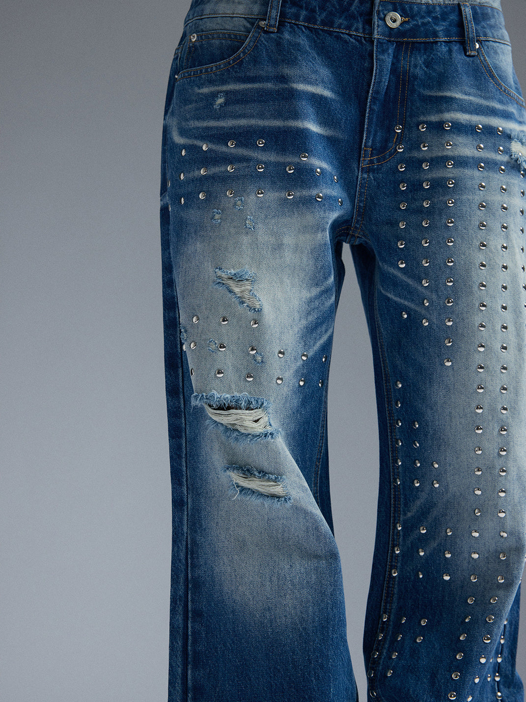 PAIKI Union Jack Rivet Rhinestone Double Waist Ripped Jeans
