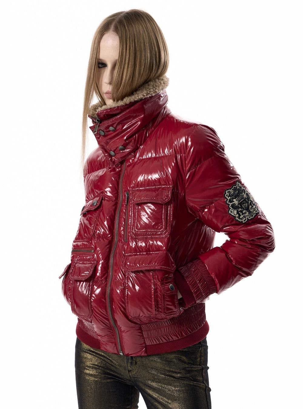 Leopard collar glossy fitted padded jacket in red