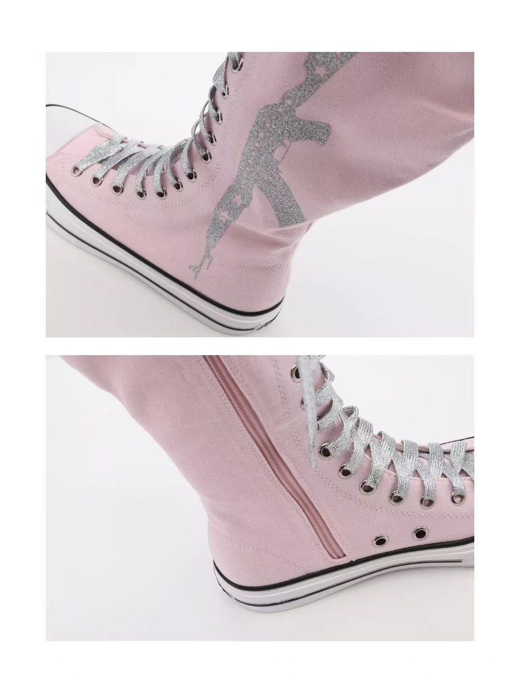 Ooops333 Studded Glitter Canvas Knee-High Lace-Up Boots