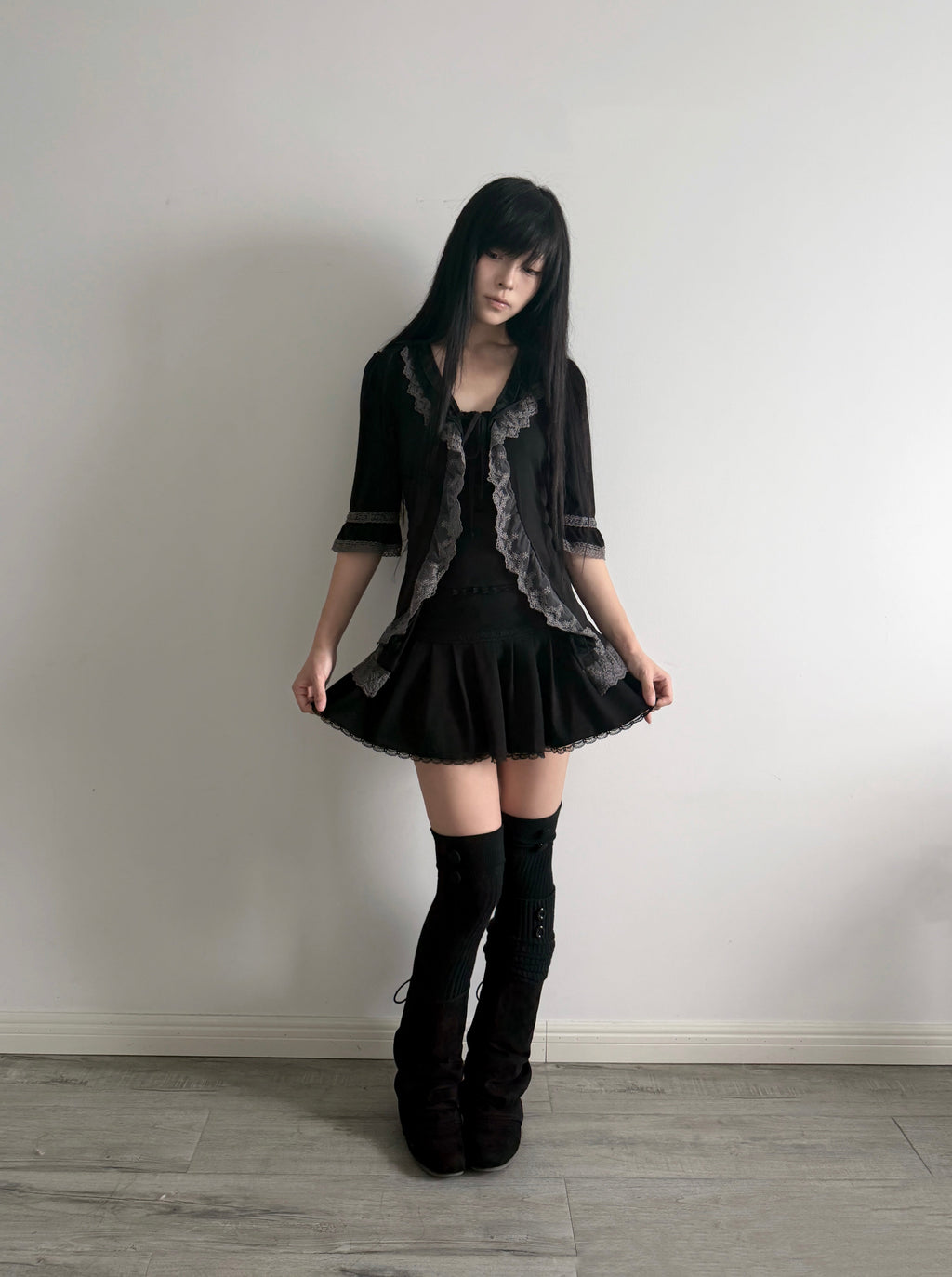 Layered Frill Lace Tie Cardigan – Dark Coquette, 3/4 Sleeves