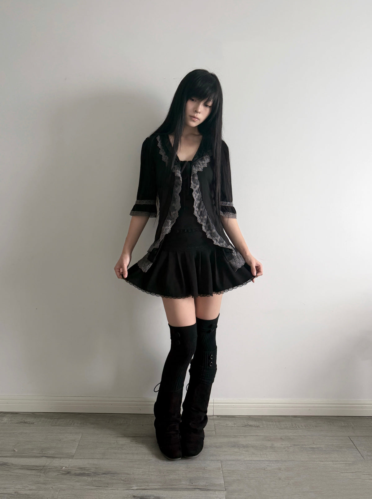Layered Frill Lace Tie Cardigan – Dark Coquette, 3/4 Sleeves