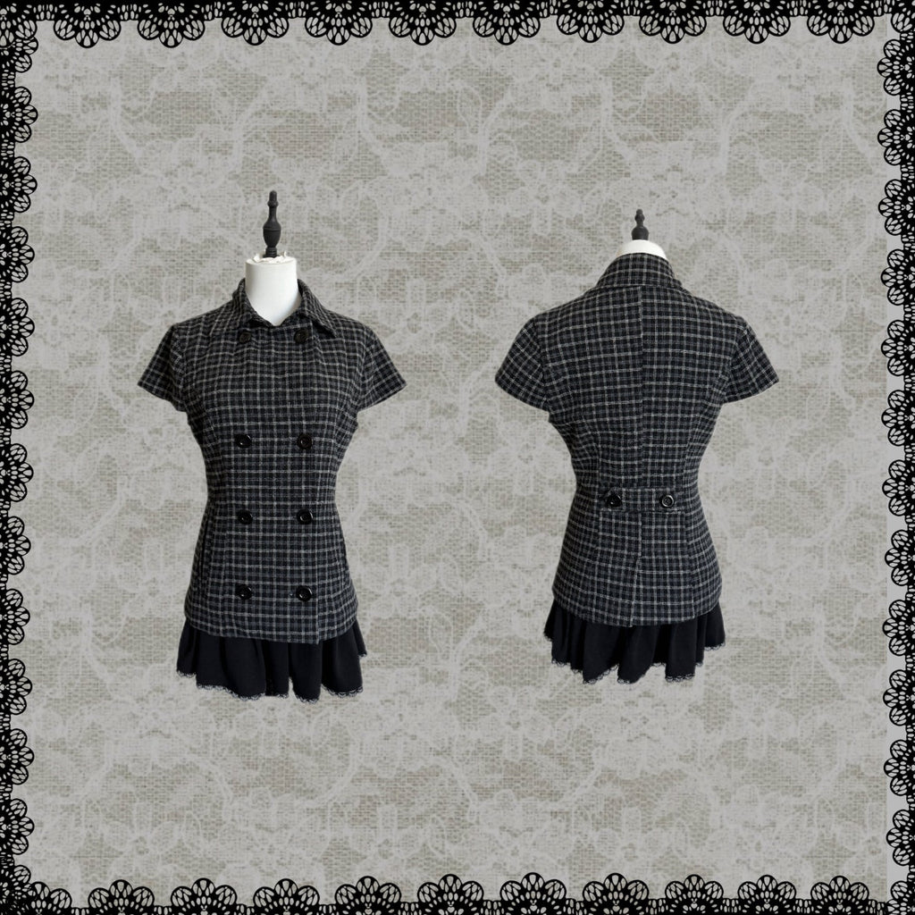 Plaid Wool-Blend Double-Breasted Short-Sleeve Coat – Waist-Cinched Oversized Layering Top