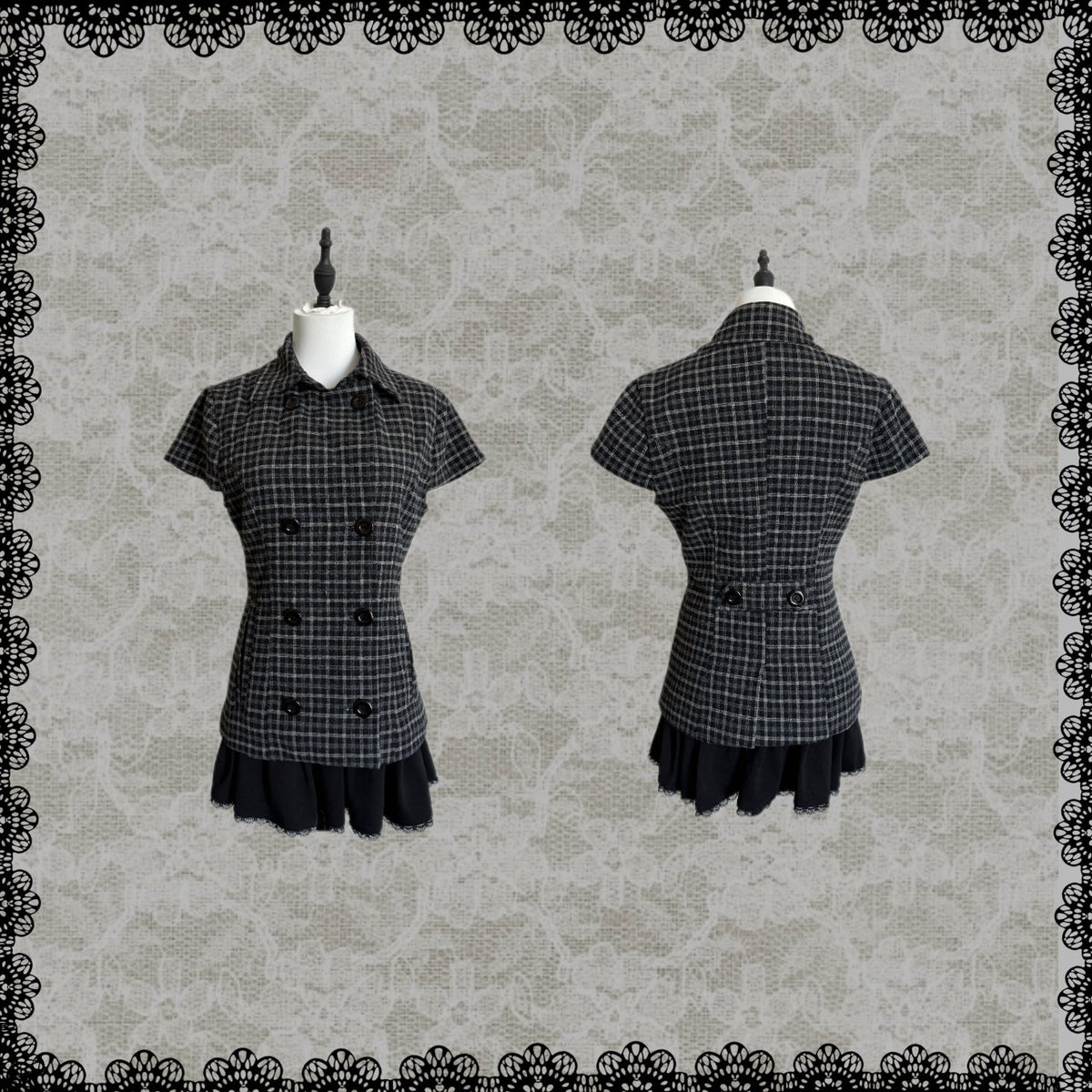 Plaid Wool-Blend Double-Breasted Short-Sleeve Coat – Waist-Cinched Oversized Layering Top