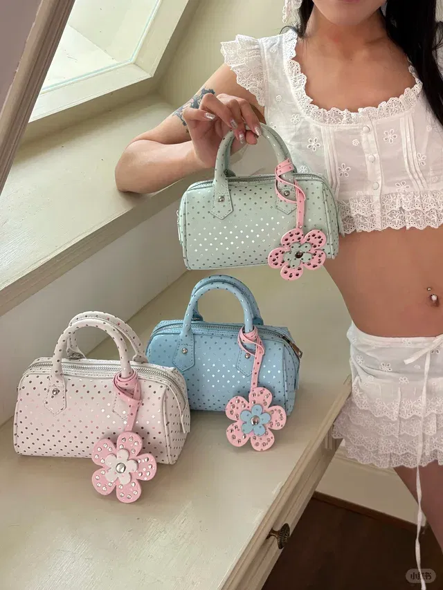 Dotted Mini Pillow Bag with Flower Charm