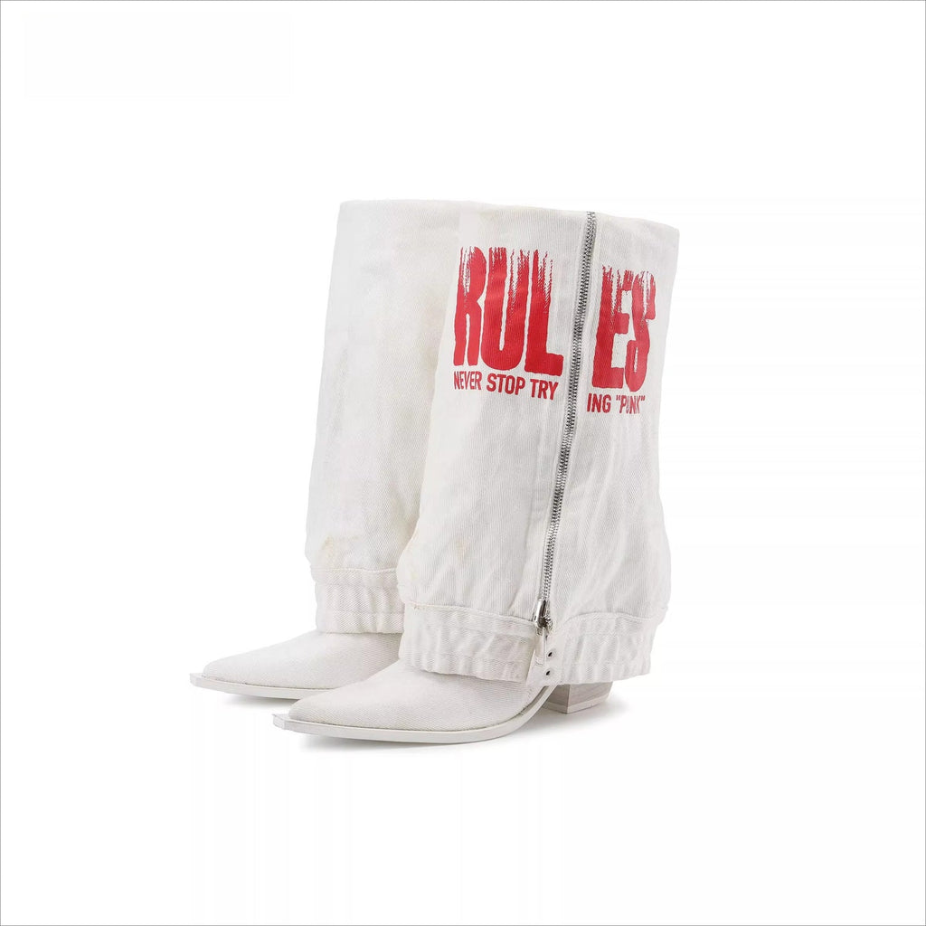 24ANS Slouchy Printed Denim Heeled Boots – Ruched Leg-Lengthening Boots