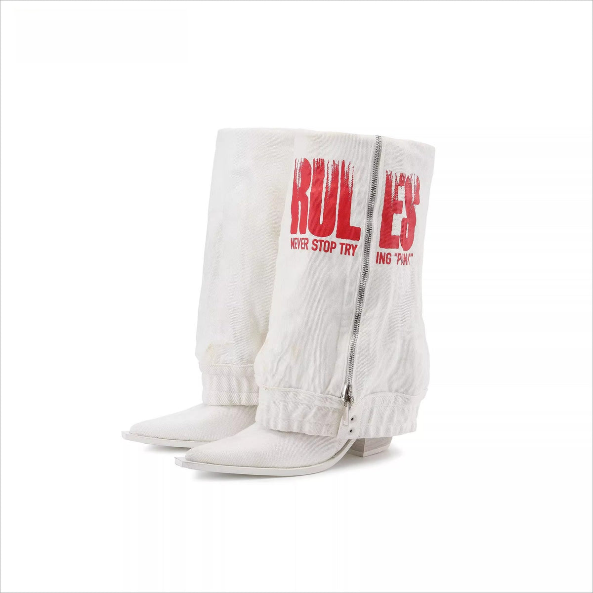 24ANS Slouchy Printed Denim Heeled Boots – Ruched Leg-Lengthening Boots