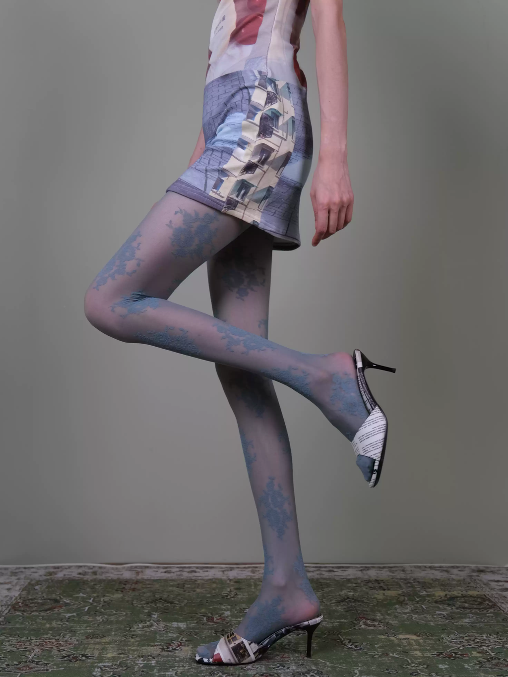 Blue Floral Lace Tights - Elegant Vintage Sheer Patterned Stockings