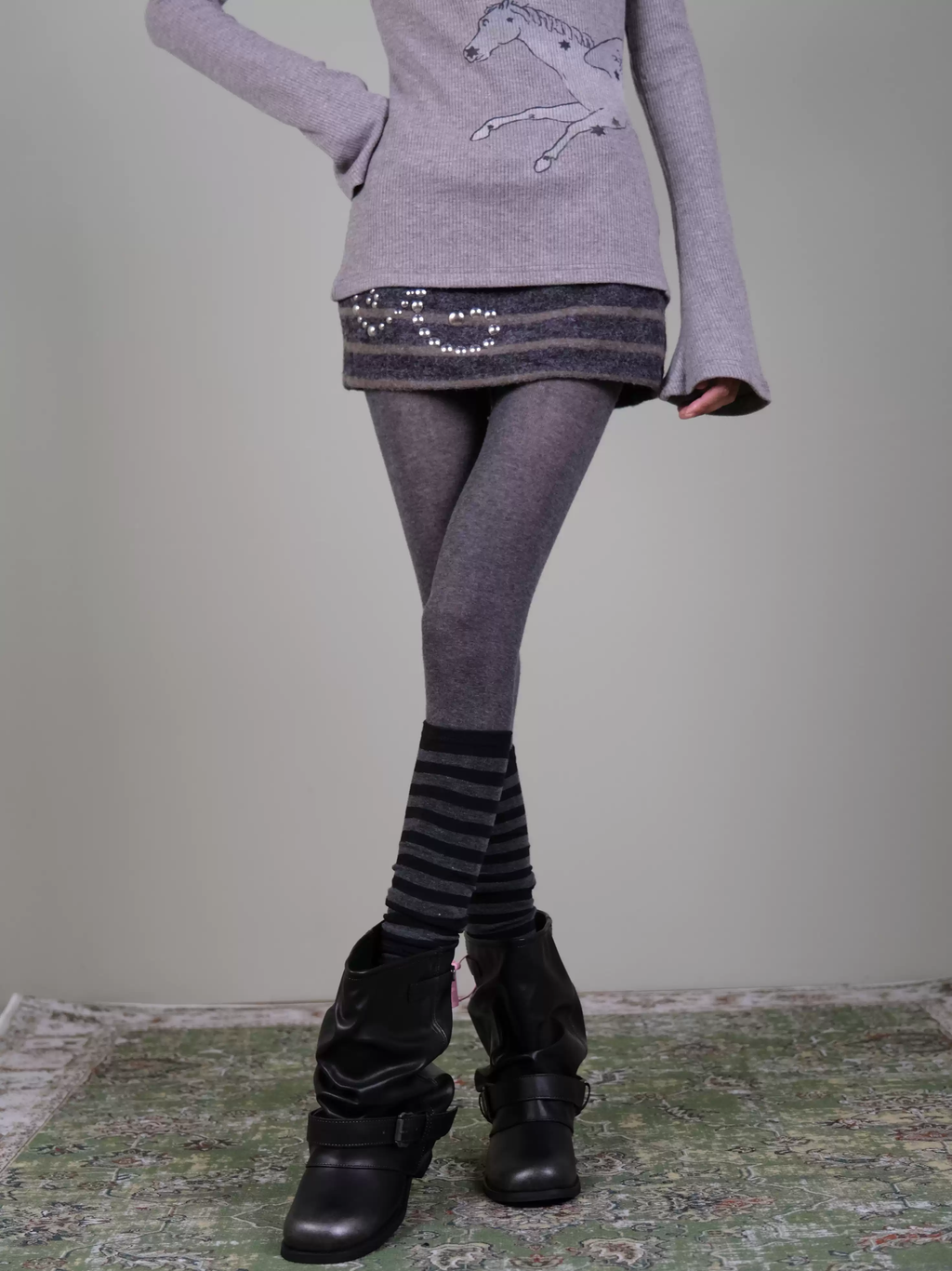 Grey Opaque Tights & Striped Calf Socks Set - Fall Winter Layering Look
