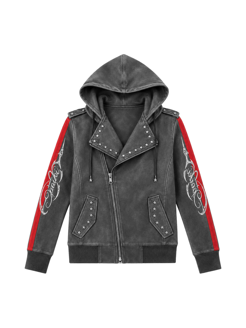 PAIKI Studded Hooded Slim Fit Biker Jacket