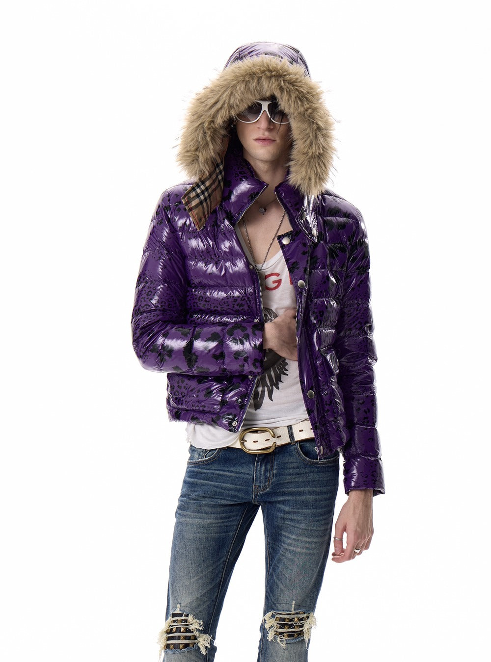 Leopard glossy padded jacket close-up