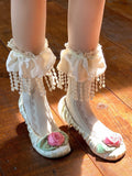 White Pearl Tassel Ankle Socks with Lace Trim