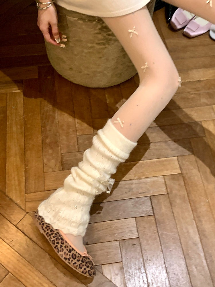 Fuzzy Knit Pearl Bow Leg Warmers