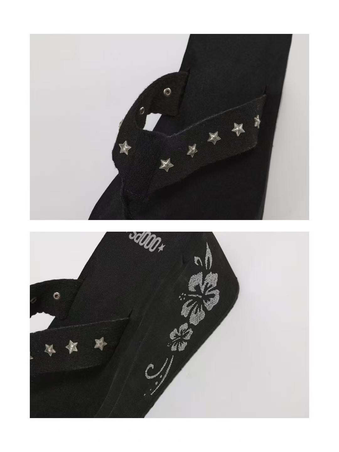 Ooops333 Y2K Star & Hibiscus Charm Platform Sandals | Retro Wedge Flip Flops