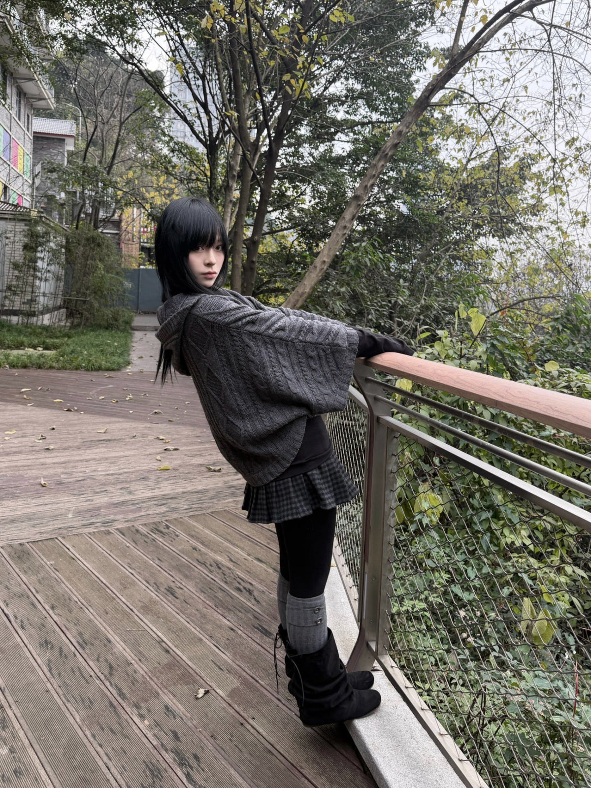 Vintage Knit Hooded Poncho – Batwing Sleeves, Grey & Black Wool Blend
