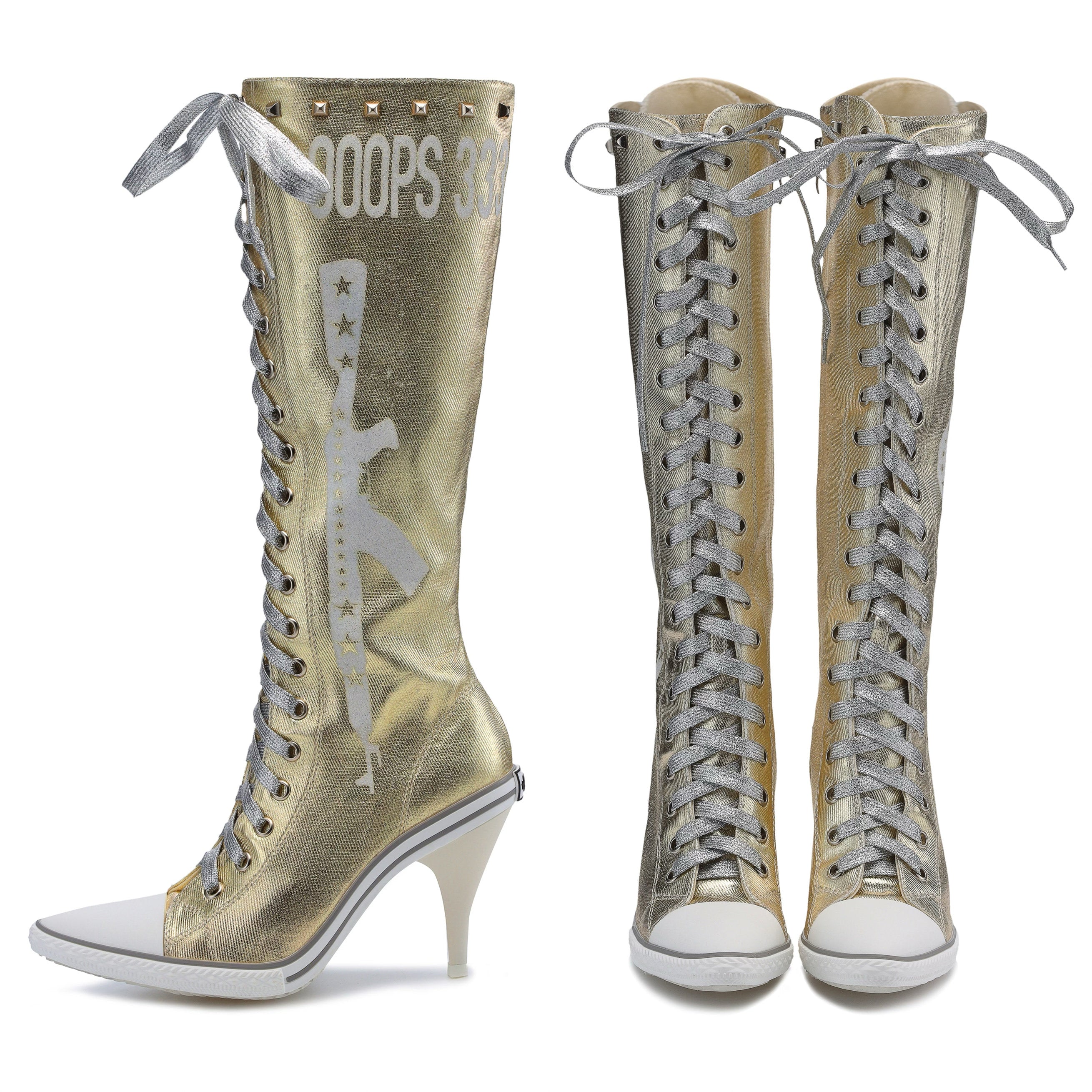 Ooops333 Y2K Studded Glitter Canvas High Top Heels | Metallic Lace-Up Platform Boots