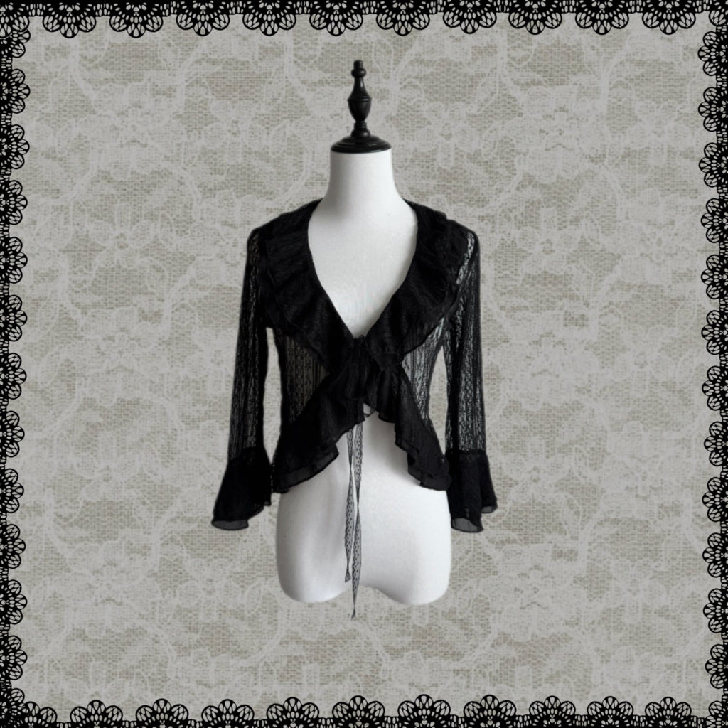 Black Lace Tie-Front Ruffle Hem Cardigan
