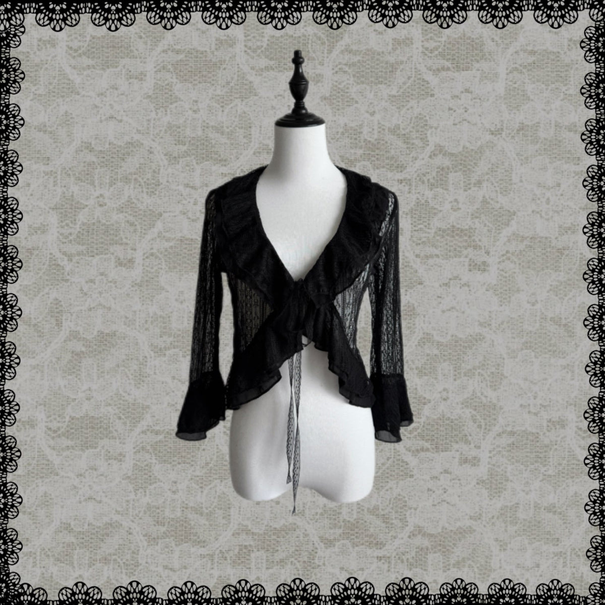 Black Lace Tie-Front Ruffle Hem Cardigan