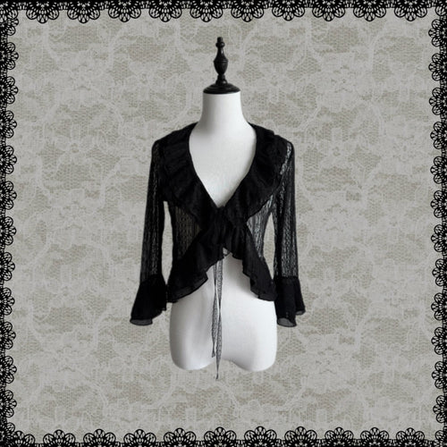 Black Lace Tie-Front Ruffle Hem Cardigan